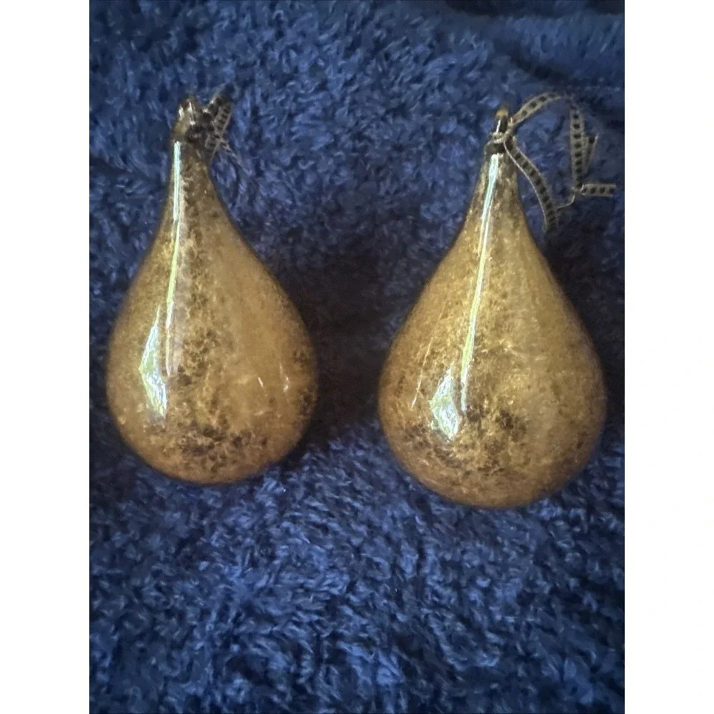 2 Hand Blown Amber Glass Teardrop Ornaments Lightweight Gold Leaf Fleck Artisan